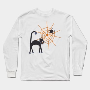 Spookily cute cats, spiders and cobwebs for Halloween in bold orange and darkest charcoal Long Sleeve T-Shirt